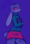  2019 anthro blush book clothed clothing disney eyewear female fuel_(artist) glasses half-closed_eyes holding_object lagomorph leporid looking_at_viewer mammal no_underwear purple_background pussy rabbit simple_background smile solo sweater topwear upskirt violet_hopps_(zootopia) zootopia 