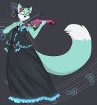  2019 6my blue_fur canid canine clothed clothing cosplay crossdressing dress eyes_closed fox fur fur_markings hatsune_miku hi_res instrument male mammal markings musical_instrument musical_note playing_instrument playing_music ribbons roflfox smile solo violin vocaloid white_fur 