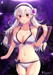  1girl alternate_costume artist_logo artist_name ass_visible_through_thighs bikini blush book breasts chinchongcha cleavage collarbone corrin_(fire_emblem) corrin_(fire_emblem)_(female) cowboy_shot fire_emblem fire_emblem_fates fire_emblem_heroes floral_background flower groin hair_between_eyes hair_flower hair_ornament hairband highres light_particles long_hair looking_at_viewer medium_breasts midriff navel open_mouth purple_background red_eyes silver_hair smile solo swimsuit thigh_gap thighs wet white_bikini wristband 