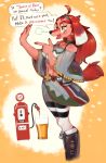  2019 ahoge alcohol anthro beverage boots breasts breath canid canine clothed clothing cup english_text eyewear female fluffy fluffy_tail footwear fur gas_pump glasses hair hi_res hideki_kaneda long_hair mammal midriff navel open_mouth pink_fur red_eyes red_fur red_hair solo standing text 