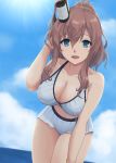  1girl adapted_costume bikini bikini_skirt blue_eyes blush breasts brown_hair cleavage collarbone day eyebrows_visible_through_hair hair_between_eyes highres kantai_collection kodama_(user_rnfr3534) large_breasts leaning_forward looking_at_viewer medium_hair mmt_uf open_mouth outdoors ponytail saratoga_(kantai_collection) side_ponytail smokestack_hair_ornament solo striped striped_bikini swimsuit upper_body white_bikini 