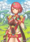  1girl armor bangs breasts day earrings gloves homura_(xenoblade_2) jewelry landscape large_breasts looking_at_viewer marfrey outdoors patreon_username red_eyes red_hair short_hair solo staring swept_bangs tiara twitter_username watermark web_address xenoblade_(series) xenoblade_2 