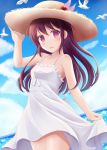  bare_shoulders bird blush breasts brown_hair cloud dress hat highres kantai_collection kisaragi_(kantai_collection) looking_at_viewer minakami_mimimi ocean open_mouth pink_eyes skirt skirt_lift sky small_breasts straw_hat sundress thighs 
