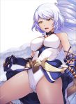  1girl arata ass_visible_through_thighs azrael_(granblue_fantasy) bare_shoulders blue_skirt breasts cameltoe eyebrows_visible_through_hair feathered_wings gauntlets granblue_fantasy highres large_breasts leotard lifted_by_self long_hair looking_at_viewer open_mouth short_hair showgirl_skirt skirt skirt_lift solo spread_legs white_hair white_leotard white_wings wings yellow_eyes 