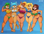  2019 3_toes ami_bandicoot bandicoot beauty_mark big_breasts bikini black_nose blonde_hair blue_eyes blue_hair breasts brown_hair cleavage clothed clothing crash_bandicoot_(series) double_v_sign ear_piercing ear_ring eyeshadow female gesture green_eyes green_hair group hair hands_behind_head imadeej isabella_bandicoot lipstick liz_bandicoot looking_at_viewer makeup mammal marsupial megumi_bandicoot naughty_dog navel one_eye_closed piercing pink_eyes purple_eyes slightly_chubby smile sony_corporation sony_interactive_entertainment swimwear tawna_bandicoot thick_thighs toes v_sign video_games voluptuous wide_hips wink 