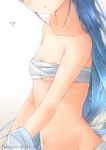  1girl ? artist_name blue_hair blush breasts cleavage collarbone commentary_request kantai_collection long_hair mae_(maesanpicture) navel out_of_frame panties samidare_(kantai_collection) sarashi shirt simple_background small_breasts solo underwear undressing very_long_hair white_background white_panties white_shirt 