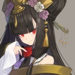  1girl bangs bare_shoulders black_hair blunt_bangs blunt_ends bow chao_feng chinese_clothes closed_mouth commentary_request eyebrows_visible_through_hair flower_ornament frills grey_background hair_tubes headdress long_hair looking_at_viewer minoa_(lastswallow) red_eyes simple_background smile tassel thunderbolt_fantasy 