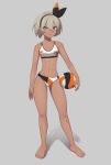  1girl abs absurdres bare_legs barefoot bikini_bottom breasts contrapposto expressionless eyebrows_visible_through_hair full_body grey_background grey_eyes grey_hair hair_between_eyes hairband highres lips looking_at_viewer multicolored_bikini_bottom muscle navel pokemon pokemon_(game) pokemon_swsh putchers saitou_(pokemon) shadow short_hair simple_background small_breasts solo sports_bra standing thick_eyebrows volleyball 