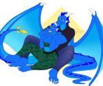  4_toes 5_fingers anthro blue_eyes dragon duo female fingers horn male redpixie scalie sitting smile spines toes western_dragon 
