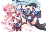 2girls :p bangs bare_shoulders black_gloves black_shorts blue_eyes blue_hair blue_ribbon blush bow bowl breasts chocolate cleavage commentary dress feet_out_of_frame flower garter_straps gloves hair_between_eyes hair_bow hair_ribbon hajin hand_up highres holding holding_bowl honkai_(series) honkai_impact_3rd horns jitome liliya_olyenyey long_hair looking_at_viewer multiple_girls navel pink_hair purple_eyes red_bow red_flower red_rose ribbon rose rozaliya_olyenyey short_dress short_shorts shorts simple_background small_breasts smile strapless strapless_dress tail thick_eyebrows thighhighs thighs tongue tongue_out very_long_hair white_background white_gloves white_legwear wooden_spoon 