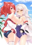  2girls animal_ears asymmetrical_docking azur_lane breast_press breasts cat_ears cat_tail commentary_request highres i-19_(azur_lane) iron_cross large_breasts long_hair looking_at_viewer multiple_girls open_mouth red_eyes red_hair school_uniform silver_hair small_breasts swimsuit symmetrical_docking tail tenjou_ryuka twintails yellow_eyes z46_(azur_lane) 