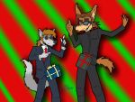  2013 4:3 abstract_background accessory beatlewolf_(artist) bow box canid canine canis clothing coyote eyewear facial_hair glasses males_only mammal necktie parody penis_accessory suit wolf 