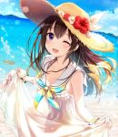  1girl amagai_tarou ankimo_(tokino_sora_channel) armpits bangs blue_eyes blue_sky bracelet breasts brown_hair cleavage collarbone dress dress_lift flower hat hibiscus hololive jewelry long_hair medium_breasts necklace ocean official_art one_eye_closed see-through sky sparkle splashing star straw_hat stuffed_animal stuffed_toy swimming teddy_bear tokino_sora tokino_sora_channel water 