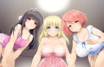  3girls amabane_nodoka black_hair blonde_hair breasts bursting_breasts camisole cleavage closed_mouth covered_nipples eyebrows_visible_through_hair fisheye from_below game_cg hair_ornament hair_tie hairclip higashiboujou_akira highres huge_breasts indoors ishikei light_smile lingerie lips long_hair looking_at_viewer love_cube multiple_girls negligee pink_hair pov red_eyes shitaka_iori short_hair short_shorts shorts small_breasts underwear yellow_eyes 