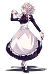  1girl apron bangs black_dress black_footwear bow braid dress frilled_apron frills hair_between_eyes hair_bow hand_up head_tilt highres holding holding_knife holding_weapon izayoi_sakuya knife knives_between_fingers long_dress looking_at_viewer maid maid_apron maid_headdress mary_janes neck_ribbon paburisiyasu pantyhose profile red_bow red_eyes red_neckwear red_ribbon ribbon shadow shoes short_hair silver_hair simple_background solo touhou waist_apron weapon white_apron white_background white_legwear 