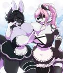  anthro balls big_breasts breast_squish breasts breasts_frottage canid canine chest_tuft cleavage clothed clothing duo female gynomorph gynomorph/female hi_res intersex intersex/female maid_uniform mammal spazzykoneko squish tuft uniform 