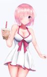  1girl bare_arms bare_shoulders blush breasts bubble_tea cleavage collarbone commentary_request dot_nose dress eyebrows_visible_through_hair fate/grand_order fate_(series) hair_over_one_eye highres looking_at_viewer mash_kyrielight pink_ribbon purple_eyes ribbon short_hair simple_background smile solo taikoi7 white_background white_dress 