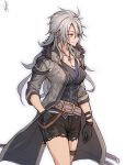  1girl belt black_gloves breasts cleavage coat cowboy_shot crow_armbrust eiyuu_densetsu freeze_rin fur_trim genderswap genderswap_(mtf) gloves hair_between_eyes hand_in_pocket highres jewelry long_hair medium_breasts necklace pendant red_eyes sen_no_kiseki shirt short_shorts shorts signature silver_hair simple_background sleeves_rolled_up solo thigh_strap thighs torn_clothes torn_shorts vest white_background wrist_straps 