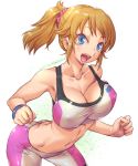  1girl :d amania_orz ass bare_shoulders bike_shorts blue_eyes blush bracelet breasts brown_hair cleavage collarbone covered_nipples dated gundam gundam_build_fighters gundam_build_fighters_try hair_ornament hair_scrunchie highres hoshino_fumina impossible_clothes jewelry large_breasts medium_hair navel open_mouth pink_scrunchie ponytail scrunchie shiny shiny_clothes shiny_hair shiny_skin sidelocks signature skindentation smile solo sports_bra sportswear strap_gap twitter_username white_background 