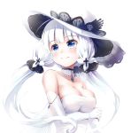  1girl azur_lane bareir_shoulders blue_eyes breasts choker cleavage collarbone commentary_request dress elbow_gloves gloves hat illustrious_(azur_lane) long_hair looking_away mole mole_under_eye nitchi simple_background smile solo tri_tails white_background white_dress white_gloves white_hair 