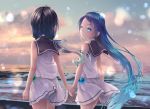  2girls blue_eyes blue_hair closed_mouth cloud cloudy_sky gradient_hair gradient_sky hair_flaps hair_ribbon hane_yoshiyumi highres holding_hand kantai_collection long_hair looking_at_another low_twintails multicolored_hair multiple_girls ocean ribbon sailor_collar samidare_(kantai_collection) school_uniform serafuku shirt sky sleeveless sleeveless_shirt smile suzukaze_(kantai_collection) twintails very_long_hair white_sailor_collar 