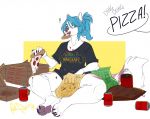  2019 5_fingers anthro barefoot beverage blue_hair canid canine canis chips_(disambiguation) clothed clothing digital_media_(artwork) eating female fingers food hair mammal pizza redpixie sitting soda wolf 