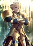  1boy armor blonde_hair breastplate crossed_arms crotch_plate earrings fate/grand_order fate_(series) faulds gauntlets gilgamesh gold_armor gold_earrings jewelry kei-suwabe looking_at_viewer pauldrons red_eyes short_hair smirk solo standing twitter_username 