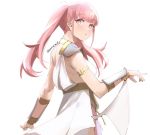  1girl bangs blunt_bangs blush closed_mouth colored_eyelashes dancer fire_emblem fire_emblem:_three_houses hilda_(fire_emblem:_fuukasetsugetsu) long_hair looking_at_viewer pink_eyes pink_hair simple_background skeptycally solo twintails 