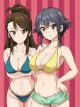  2girls amaretto_(girls_und_panzer) arm_under_breasts bikini bikini_top blue_bikini blush braid breasts brown_eyes brown_hair cleavage folded_ponytail girls_und_panzer groin hand_on_hip inoshira large_breasts long_hair multiple_girls navel pepperoni_(girls_und_panzer) short_braid short_hair short_shorts shorts side_braid smile striped striped_background swimsuit swimsuit_under_clothes vertical-striped_background vertical_stripes yellow_bikini 