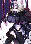  1girl absurdres ahoge armor armored_dress bangs belt black_dress breasts cape chain collar dress fate/grand_order fate_(series) flag fur-trimmed_cape fur_collar fur_trim gauntlets hair_between_eyes headpiece highres jeanne_d&#039;arc_(alter)_(fate) jeanne_d&#039;arc_(fate)_(all) large_breasts looking_at_viewer metal_collar ninoude_(ninoude44) pale_skin plackart polearm short_hair silver_hair smile solo spear sword thighhighs weapon white_background yellow_eyes 