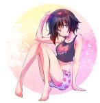  1girl absurdres arm_support arm_up bare_arms bare_legs barefoot black_hair crop_top eye_mask floral_print full_body gradient_hair highres iesupa knees_together_feet_apart knees_up looking_at_viewer mask mask_on_head midriff multicolored_hair red_hair rose_print ruby_rose rwby short_hair shorts silver_eyes sitting sleepwear solo tank_top two-tone_hair 