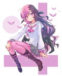  1girl absurdres bat boots brown_eyes brown_hair cross-laced_footwear heterochromia highres iesupa knee_boots lace-up_boots long_hair multicolored_hair neo_(rwby) pink_eyes pink_hair pink_legwear pleated_skirt rwby sailor_collar simple_background skirt solo very_long_hair 