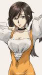  1girl absurdres black_hair bodysuit breasts brown_eyes choker cleavage closed_mouth commentary_request final_fantasy final_fantasy_ix garnet_til_alexandros_xvii highres knife lipstick looking_at_viewer makeup orange_bodysuit short_hair simple_background smile solo white_background 