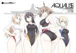  4girls black_hair black_swimsuit blonde_hair blue_eyes breasts brown_hair character_name colorado_(kantai_collection) commentary_request covered_navel cowboy_shot hairband hands_on_hips headgear kantai_collection large_breasts long_hair looking_at_viewer multiple_girls mutsu_(kantai_collection) nagato_(kantai_collection) nelson_(kantai_collection) open_mouth red_eyes short_hair side_braids silhouette simple_background smile souji swimsuit white_background white_swimsuit yellow_eyes 