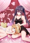  2018 2girls bed_sheet black_dress black_hair black_hairband black_ribbon blonde_hair blue_eyes breasts cherry_blossoms cleavage closed_mouth collarbone curtains dated dress gochuumon_wa_usagi_desu_ka? hair_ornament hair_ribbon hairband hairclip hand_on_another&#039;s_head highres hinata_tino kirima_sharo long_hair lying medium_breasts multiple_girls nightgown on_bed on_side parted_lips ribbon shiny shiny_hair short_dress short_hair signature sleeveless sleeveless_dress small_breasts tedeza_rize twintails very_long_hair white_dress 