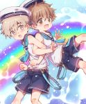  2boys bandaid bandaid_on_face bandaid_on_nose blonde_hair blue_neckwear blush brown_eyes brown_hair hat highres kiyose_akame locked_arms looking_at_viewer male_focus midriff multiple_boys navel neckerchief open_mouth original rainbow sailor sailor_collar sailor_hat shorts water 