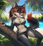  anthro beach breasts canid canine canis clothed clothing female fur hair hi_res macmegagerc mammal navel outside palm_tree seaside smile solo tree wide_hips wolf 