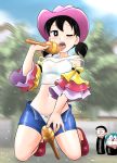  1girl black_hair breasts commentary_request doraemon doraemon_(character) glasses highres instrument kakkii maracas minamoto_shizuka multiple_boys navel nobi_nobita open_mouth panties see-through sexually_suggestive short_hair shorts smile sweat tank_top twintails underwear wet wet_clothes white_panties 