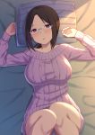  1girl :o aran_sweater bangs bed blush breasts brown_hair commentary_request empty_eyes eyebrows_visible_through_hair from_above glasses hands_up head_tilt highres hiyori_hamster knees_together_feet_apart knees_up large_breasts long_hair long_sleeves looking_at_viewer lying nose_blush on_back on_bed original panties pantyshot pantyshot_(lying) parted_bangs pillow pink_sweater ponytail purple_eyes rimless_eyewear sidelocks solo striped_pillow sunlight sweat sweater teacher underwear white_panties 