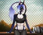  2018 anthro blue_eyes clothed clothing day detailed_background digital_media_(artwork) felid feline female hair looking_at_viewer mammal midriff miosha navel outside pink_nose purple_hair sky smile solo standing 