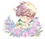  1boy artist_name bandaged_hand bandaid bandaid_on_face bandaid_on_nose blush brown_eyes brown_hair bug butterfly caterpillar eyebrows_visible_through_hair flower hydrangea insect kiyose_akame looking_at_viewer male_focus original shirt signature simple_background smile solo striped striped_shirt white_background 
