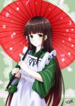  1girl ama_usa_an_uniform apron bangs black_ribbon blunt_bangs brown_hair cherry_blossoms closed_mouth eyebrows_visible_through_hair gochuumon_wa_usagi_desu_ka? green_eyes green_kimono hair_ribbon highres hinata_tino holding holding_umbrella japanese_clothes kimono long_hair long_sleeves oriental_umbrella red_umbrella ribbon shiny shiny_hair signature smile solo standing straight_hair striped striped_kimono ujimatsu_chiya umbrella very_long_hair white_apron white_ribbon 