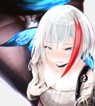  1girl admiral_graf_spee_(azur_lane) azur_lane badge bag bare_shoulders black_choker black_legwear blue_eyes blush breasts breasts_apart button_badge choker cleavage collarbone commentary downblouse dutch_angle eyebrows_visible_through_hair fang from_above from_below full-face_blush highres looking_at_viewer looking_up multicolored_hair multiple_views open_mouth panties panties_under_pantyhose pantyhose pulled_by_self shirt_pull short_hair sidelocks skin_fang small_breasts solo streaked_hair sweater thigh_gap thighs underwear wazdori white_hair white_panties 