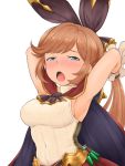  1girl armpits blue_eyes blush breasts brown_hair cape clarisse_(granblue_fantasy) commentary_request covered_nipples dai_(artist) gloves granblue_fantasy hair_ribbon highres long_hair looking_at_viewer open_mouth ponytail ribbon simple_background solo white_background 