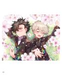  2boys black_hair blush cherry_blossoms closed_eyes day eyebrows_visible_through_hair flower gakuran highres kiyose_akame light_brown_hair looking_at_viewer male_focus multiple_boys open_mouth original outdoors petals purple_eyes school_uniform smile tree 