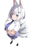  1girl alternate_costume animal_ear_fluff animal_ears azur_lane bangs black_footwear blue_eyes blue_neckwear blue_skirt bob_cut breasts buttons collared_shirt commentary crossed_arms dutch_angle eyebrows_visible_through_hair eyes_visible_through_hair fox_ears fox_tail from_above kaga_(azur_lane) kyuubi large_breasts loafers looking_at_viewer looking_up multiple_tails necktie pantyhose plaid plaid_skirt pleated_skirt school_uniform schreibe_shura shirt shoes short_hair short_sleeves simple_background skirt solo straight_hair tail white_background white_hair white_legwear 