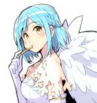  1girl bangs blue_hair blush braid breasts chikuwa_(majihima) commentary dress eating elbow_gloves feathered_wings food french_braid from_side gloves holding holding_food large_breasts light_blue_hair looking_at_viewer moira_(nijisanji) mole mole_under_mouth nijisanji short_hair solo upper_body virtual_youtuber white_dress wings yellow_eyes 