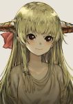  1girl absurdres alternate_costume alternate_hairstyle beige_shirt blonde_hair brown_eyes closed_mouth collarbone eyelashes grey_background hair_ribbon highres horns ibuki_suika iouley long_hair looking_at_viewer red_ribbon ribbon sidelocks simple_background sketch solo tied_hair touhou upper_body 