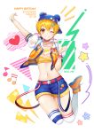  1girl ;d animal_ears arm_up backwards_hat bang_dream! baseball_cap bead_necklace beads belt blonde_hair blue_shorts character_name choker clothes_writing crop_top cropped_jacket cursive dated fake_animal_ears grin hand_up happy_birthday hat highres jacket jewelry kitazawa_hagumi looking_at_viewer midriff minori_(faddy) musical_note navel necklace one_eye_closed open_mouth orange_eyes orange_jacket outstretched_arm red_choker shirt shoes short_hair short_shorts short_sleeves shorts smile solo star striped suspenders sweatband thighhighs twitter_username white_legwear yellow_shirt 