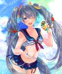  1girl ;d absurdres ahoge bikini bikini_skirt blue_ribbon blue_sailor_collar blue_skirt blue_sky blurry blurry_background bow breasts cleavage cloud collarbone cowboy_shot cup day earrings floating_hair grey_hair hair_bow hatigatunoneko hatsune_miku head_tilt highres holding holding_cup innertube jewelry long_hair looking_at_viewer microskirt nail_polish navel ocean one_eye_closed open_mouth orange_bow outdoors ribbon sailor_bikini sailor_collar shiny shiny_hair skirt sky small_breasts smile solo standing striped striped_bikini striped_bow striped_nails summer swimsuit twintails very_long_hair vocaloid 